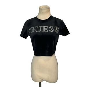 Guess black velvet rhinestones front logo short sleeves t-shirt size XS